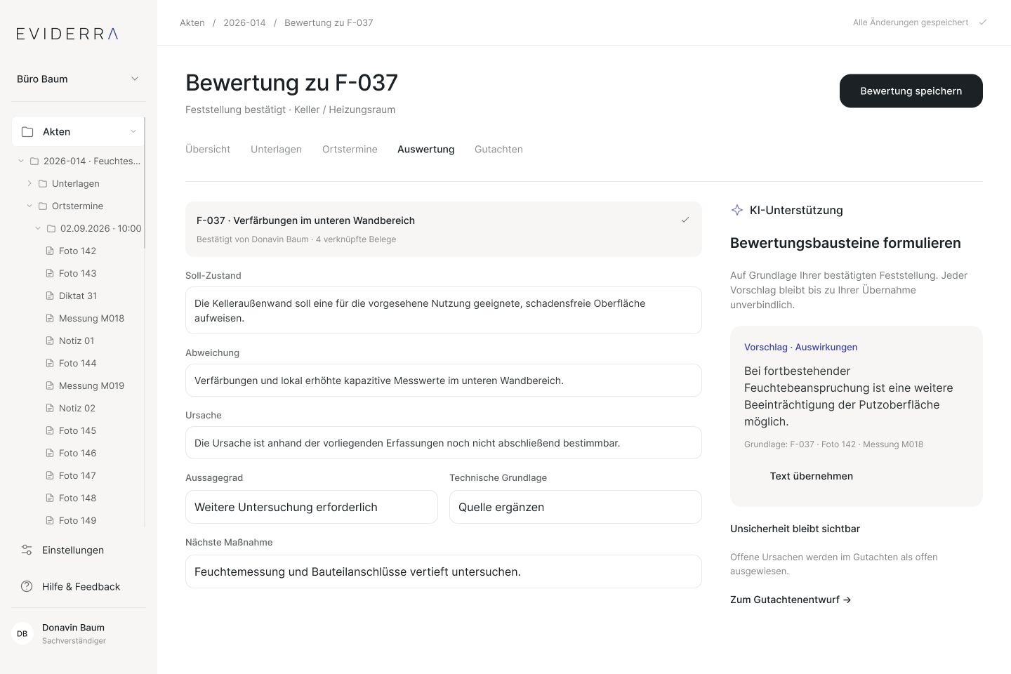 Bewertung zu F-037 mit Soll-Zustand, Abweichung, offener Ursache, Aussagegrad und KI-Vorschlag zur Übernahme.