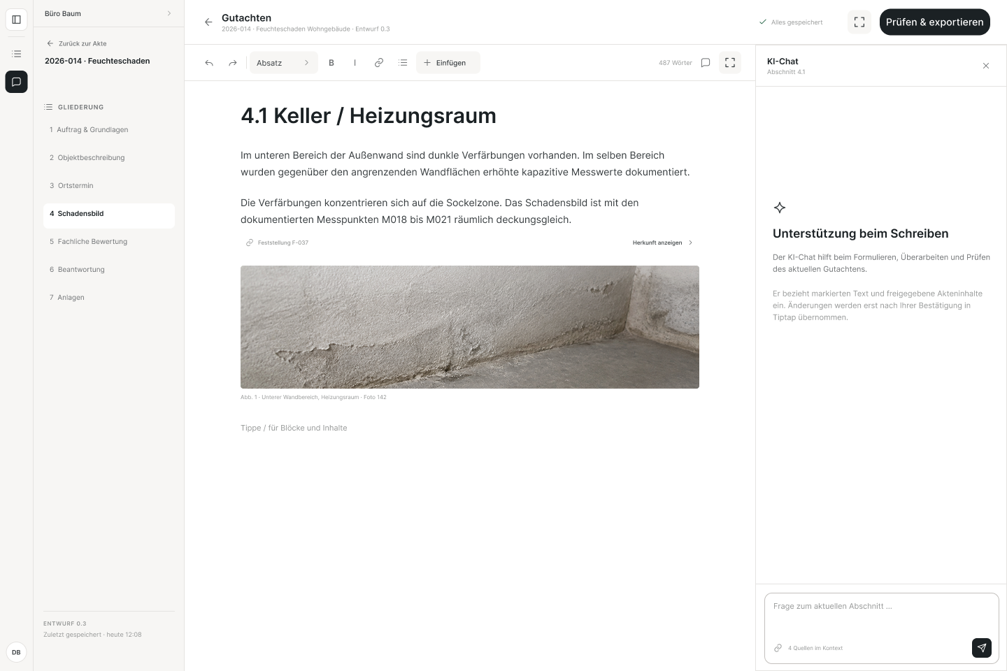 Gutachteneditor mit Gliederung, Kapitel 4.1 Keller / Heizungsraum, verknüpfter Feststellung F-037, Originalfoto und KI-Chat.